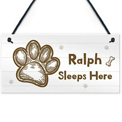 Image of RED OCEAN Personalised Dog Sign Sleeps Here Hanging Paw Print Plaque Gift