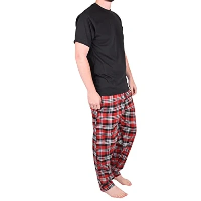 Image of Mens Pyjamas Set Trousers Woven Check Lounge Pants Short Sleeve T Shirts Top (M, Red PjamaSet 21)