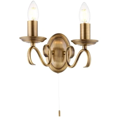 Image of National Lighting Indoor Wall Light Dimmable Twin Lamp with Pull Chord Switch Decorative Scrolled Arm Sconce LED For Bedroom Livingroom Dining room Hallway E14 Antique Brass