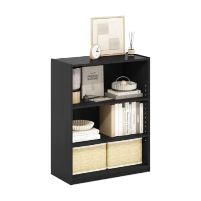 Image of Furinno Gehry 3 Tier Bookcase, Bookshelf with Adjustable Shelves, Blackwood