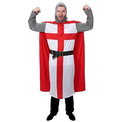 Image of I LOVE FANCY DRESS Adults Knight Costume Large English Flag Tunic With Black Belt, Red Cape, Chain Mail Armour Headpiece Perfect for Sporting Events, Celebrations
