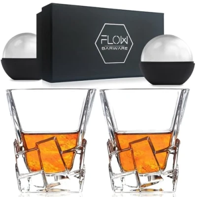 Image of FLOW Barware Iceberg Whiskey Glasses Set of 2, Whisky Glass Gift with Unique Design &amp; Heavy Base Tumblers for Scotch Bourbon Gin Vodka