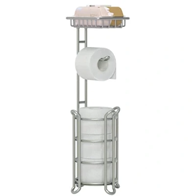 Image of Upgrade Toilet Paper Holder Stand, Chrome Freestanding Roll Holders with Shelf, Bathroom Tissue Storage Rack (Light Gray)