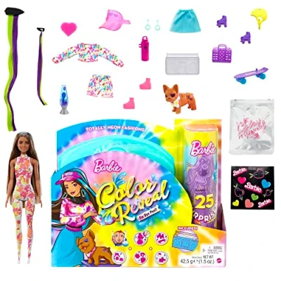 Image of Barbie Color Reveal Totally Neon Fashions Doll with Blue Streaked Brunette Hair &amp; 25 Surprises Including Change, Gift for Kids