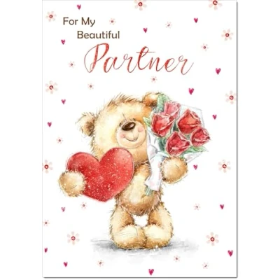 Image of doodlecards Partner Valentine&#039;s Day Card Teddy with Love Heart and Flowers Large A4 Size Plain Envelope