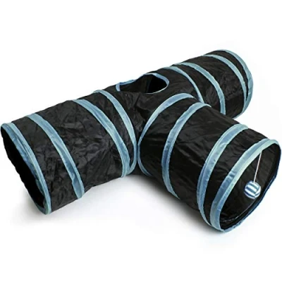 Image of igadgitz home U6979 3 Way Cat Tunnel Collapsible Pet Interactive Rabbit with Hanging Ball Indoor/Outdoor Black/Blue Trim