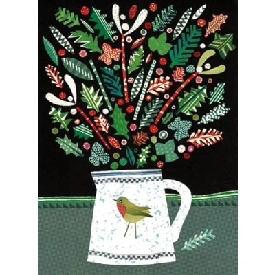 Image of Museums &amp; Galleries Christmas Cards Pack of 8 Jug with Robin and Bouquet Eco Friendly Recyclable