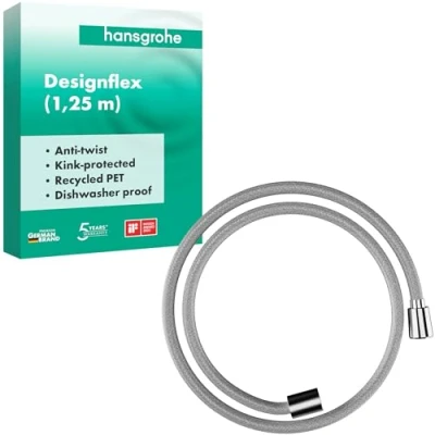 Image of hansgrohe Designflex universal fit textile shower hose 1,25 m, tangle free, flexible head anti kink, incl. sealing rings, chrome, 28220000