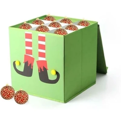 Image of Christmas Collapsible Sturdy Storage Box &amp; Bag For Xmas Baubles Ornaments Lights Tree More Decoration (Green Elf Box)