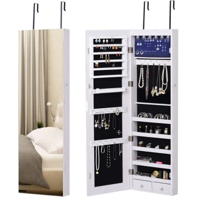 Image of HOMCOM Mirrored Jewellery Storage Cabinet Organiser Hanging Lockable w/6 Inner LED