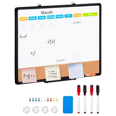 Image of VEVOR 24&quot;x 18&quot; Monthly Calendar Whiteboard &amp; Cork Board Combo with Aluminum Frame 2 in 1 Magnetic Dry Erase Bulletin for Wall Mount Ideal School, Home, Office