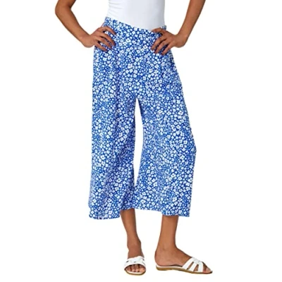 Image of Roman Originals Culotte Trousers for Women UK Ladies Wide Leg Cropped Pants Tie Detail Bottoms Vintage Retro Smart Flared Slimming High Waist 1940s Party Regular Blue White Size 20