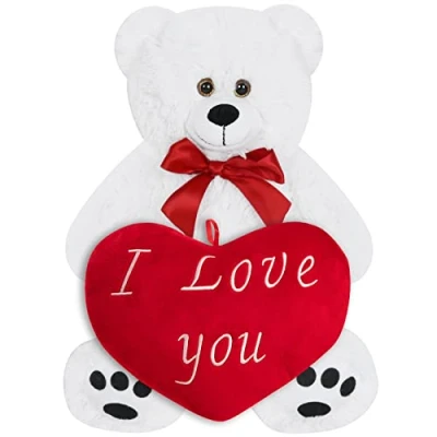 Image of Monzana Teddy Bear With Heart Pillow 50cm White Soft Dense Fur Bow Paws I Love You Gift Valentine&#039;s Day Plush Cuddly Toy Girlfriend Boyfriend