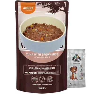 Image of AETN Creations Bundle of Tuna and Brown Rice Wet Dog Food 16x150g Plus Jerky Treat, Nutritious, Delicious, Easily Digested Hypo Allergenic
