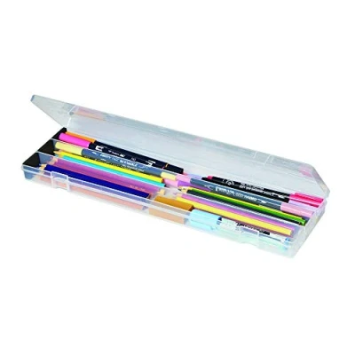 Image of Deflecto Clear Acrylic Art Box Suitable for Stationery Storage, Paint Brush Box, Pen Built in Ruler on Lid, Hard Wearing Pencil Case Pack of 3