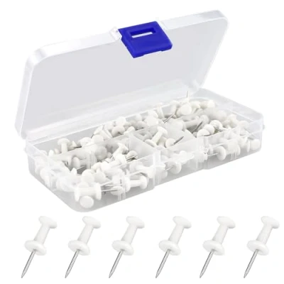 Image of 100 Pcs Push Pins, White Thumb Tacks, Drawing Plastic Steel Head Map for Cork Board Bulletin, Maps, Posters, Note