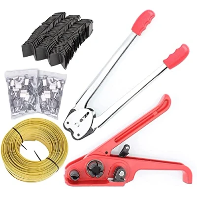 Image of Anmas Power Packaging Strapping kit Tensioner with Sealer, 100m Packing Belt, 100 Metal Seal Clips, Corner Protectors, Banding Tools for 12mm 19mm PET/PP Polypropylene Strap