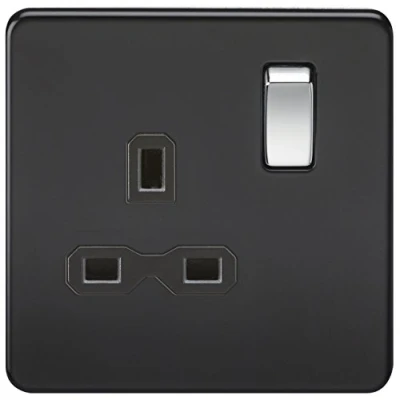 Image of KnightsBridge 1G DP 13A 230V Screwless Matt Black UK 3 Pin Switched Electrical Wall Socket Insert