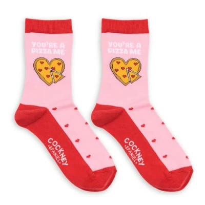 Image of Cockney Spaniel You’re A Pizza Me Fun and Quirky Pink &amp; Red Themed Crew Socks for Ladies UK 4 8 (EUR 37 41 US 6 10) Vibrant Gift Lovers, Valentine’s, Birthdays, or Christmas