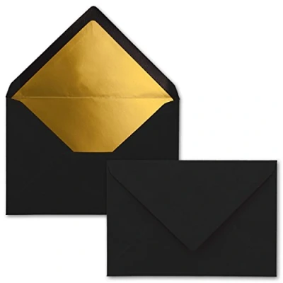 Image of &quot;NEUSER PAPIER&quot; envelopes in black 25 pieces letter DIN C6 114 x 162 mm 11.4 16.2 cm wet glue matt surface &amp; gold metallic lining without window for invitations