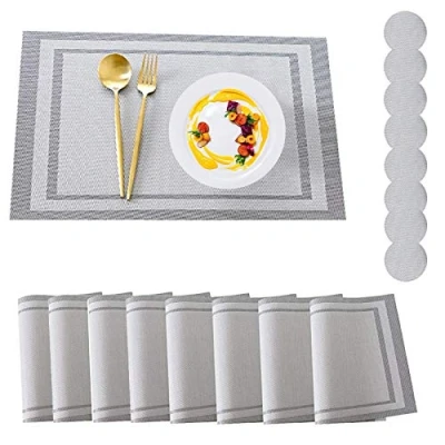 Image of Placemats, Placemats and Coaster Sets 8, PVC Heat resistant Table Mats Set Washable with 8 x Non slip + Round Coasters for Kitchen Dining (Set of Silver)