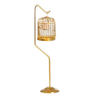 Image of Dolls House Victorian Accessory Bird in Brass Cage on Stand Miniature 1:12