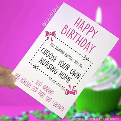 Image of Funny Birthday Cards Joke Voucher Card for Mum Mom Best Friend Card, Her Nursing Home Fun PC259