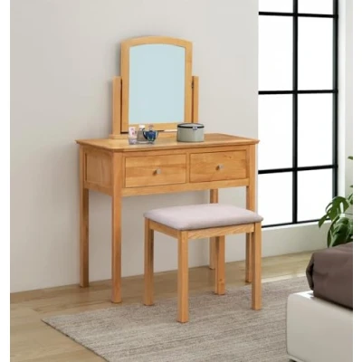 Image of Hallowood Furniture Hereford Light Oak Dressing Table Set with Stool and Mirror, Wooden Console Swivel Mirror &amp; Grey Padded Seat, Vanity Makeup