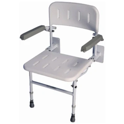 Image of Aidapt Solo Standard Shower Seat with Legs and Backrest Padded Arms,Wall Mounted,Fold Flat Against Wall,Clip On/Off seat,Adjustable,Compact,Space Saver,Elderly,Disabled,FIXING SCREWS NOT SUPPLIED
