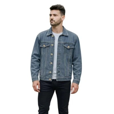 Image of True Face Mens Denim Jacket Long Sleeve Casual Wear Loose Fit Outerwear Lightweight Outdoor Top Stone Wash Blue 5XL XXXXX Large
