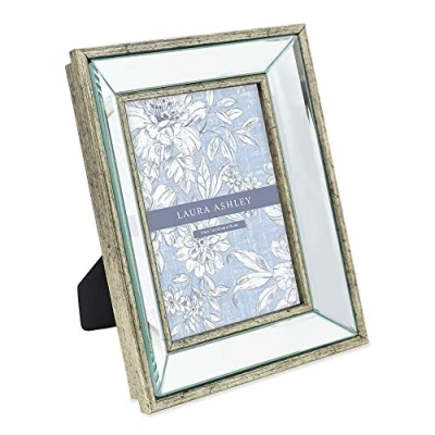 Image of Laura Ashley 5x7 Silver Beveled Mirror Picture Frame, Classic Mirrored Frame with Deep Slanted Angle, Wall Mountable, Made for Tabletop Display, Photo Gallery and Art, (5x7, Silver)