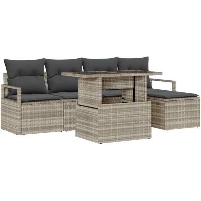 Image of vidaXL 6 Piece Garden Sofa Set with Cushions Light Grey Poly Rattan