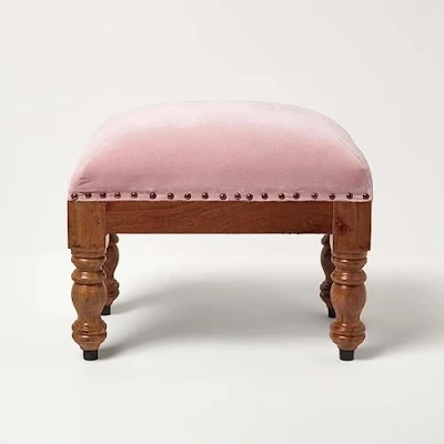 Image of HOMESCAPES Blush Pink Velvet Footstool 50 x 30 cm Rectangular Pouffe on Solid Wood Legs 40 Tall Ottoman Style Upholstered Footrest