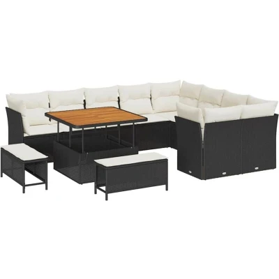 Image of vidaXL 12 Piece Garden Sofa Set with Cushions Black Poly Rattan Acacia
