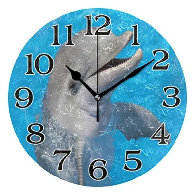 Image of linomo Sea Dolphin Wall Clock Decor, Silent Non Ticking Round Quiet for Kitchen Living Room Bedroom Bathroom Office