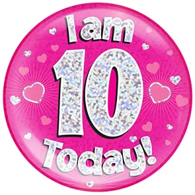 Image of OAKTREE UK 633117 6&quot; Jumbo Badge I am 10 Today Pink Holographic Dot