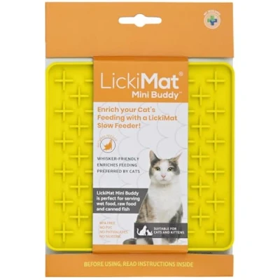 Image of LickiMat Mini Classic Buddy Cat Food Mat, Slow Feeder for Boredom &amp; Anxiety Relief Cats, Perfect Food, Treats, Yoghurt Peanut Butter, Fun Alternative to a Feeding Bowl, Yellow