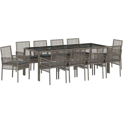 Image of vidaXL 11 Piece Garden Dining Set with Cushions Grey Poly Rattan
