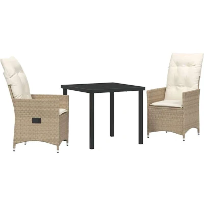 Image of vidaXL 3 Piece Garden Dining Set with Cushions Beige Poly Rattan