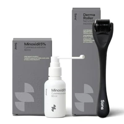 Image of Sons Minoxidil 5% Cutaneous Solution and Dermaroller Hair Regrowth &amp; Thickening For Loss Thinning in Men Stimulates Collagen Reactivates Shrunken Follicles Roller 1 Month Supply