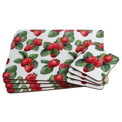 Image of BWG Hardback Placemats &amp; Coasters Summer Strawberries Set of 4