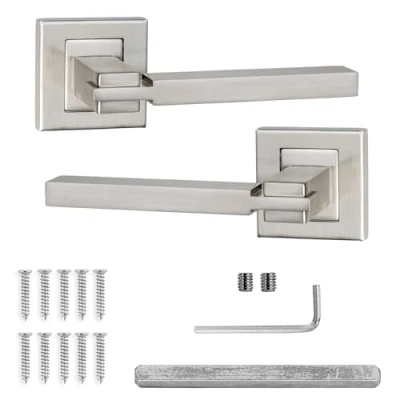 Image of Decoranddecor Nexus Door Handle Lever Satin Nickel on 54mm Square Rose Aluminium (Door Set Only)