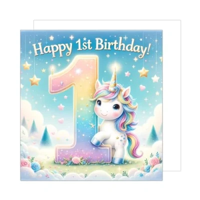 Image of Edition Seidel Premium Square 1st Birthday Card with Envelope. Greeting Saying Happy For Her Female Girl Daughter Granddaughter Child Unicorn (GQ259 SW024)