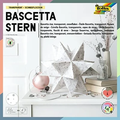 Image of folia Craft Set Bascetta, Made of Transparent White/Silver Snowflakes, 20 x cm, 32 Sheets, Finished Size The Paper Star Approx. 30 with Detailed Instructions Ideal for Timeless Decoration