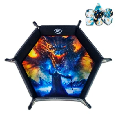 Image of Power Beast Dungeon Dice Plate Wizard and Dragon, Mat, Board, Faux Leather + 7 Role Play Dice, with Polyhedral Set, Dungeons Dragons, D&amp;D