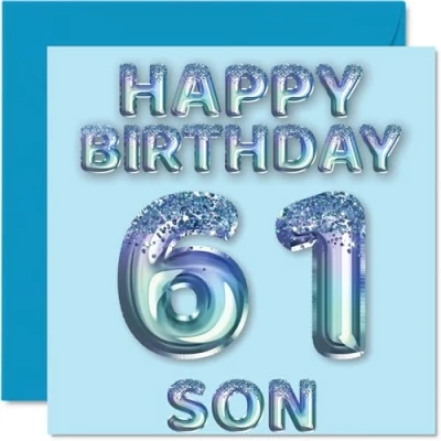 Image of 61st Birthday Card for Son Blue Glitter Party Balloons Happy Cards 61 Year Old from Mum Dad Parents, 145mm x Bday Greeting Gift