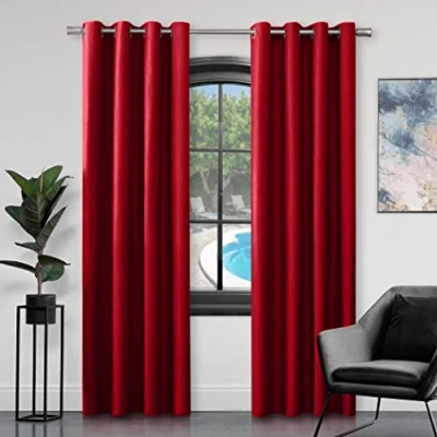 Image of GC GAVENO CAVAILIA Faux Silk Eyelet Curtains For Living Room, 100% Polyester Ring Top Fully Lined Drapes, Deep Red, 66x90 Inch