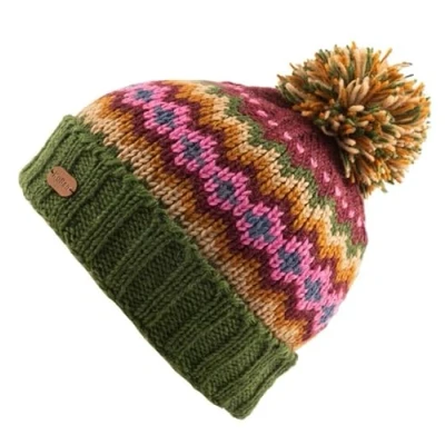 Image of Kusan 100% Wool Knit Bobble Beanie Hat with Full Fleece Lining (Unisex, Men, Women) (Green/Purple (2306))