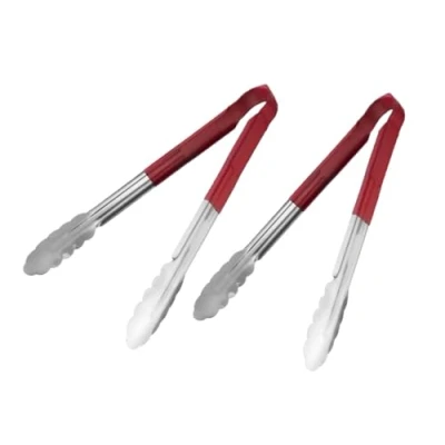 Image of Chabrias Ltd 12&quot; Utility Kitchen Tongs Cooking Stainless Steel Colour Coded Serving (Red, 2 Pack)