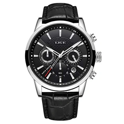 Image of LIGE Watch Men&#039;s Fashion Sports Waterproof Analogue Quartz Stainless Steel Leather Watches Mens Bracelet Blue Dial 9866I